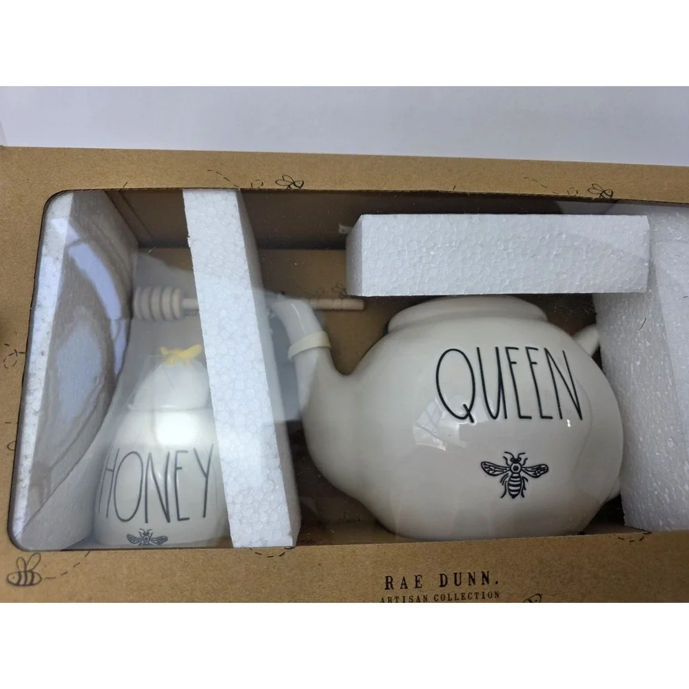 Rae Dunn Honey Pot & Queen Bee Teapot Set Ceramic Gift Set